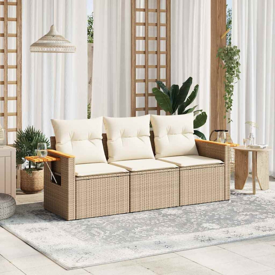 vidaXL 3-delige Loungeset met kussens poly rattan beige afbeelding 1