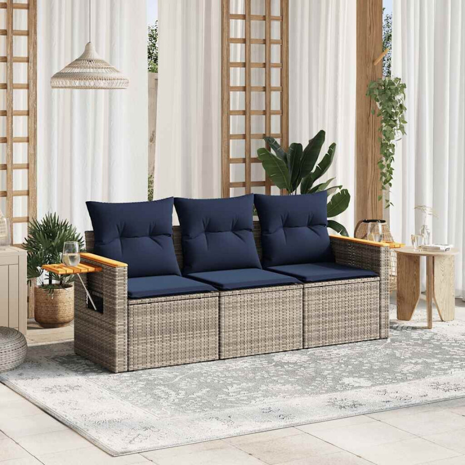 vidaXL 3-delige Loungeset met kussens poly rattan grijs afbeelding 1