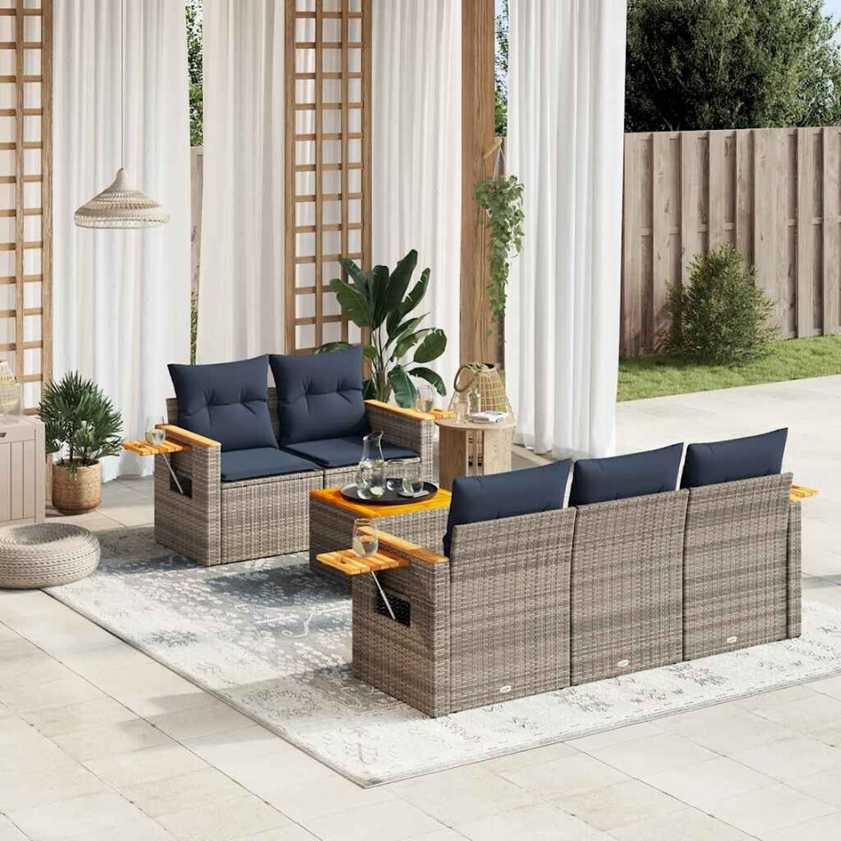vidaXL 6-delige Loungeset met kussens poly rattan grijs afbeelding 1