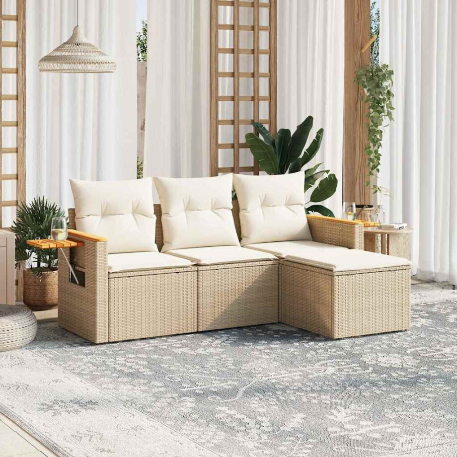 vidaXL 4-delige Loungeset met kussens poly rattan beige afbeelding 1