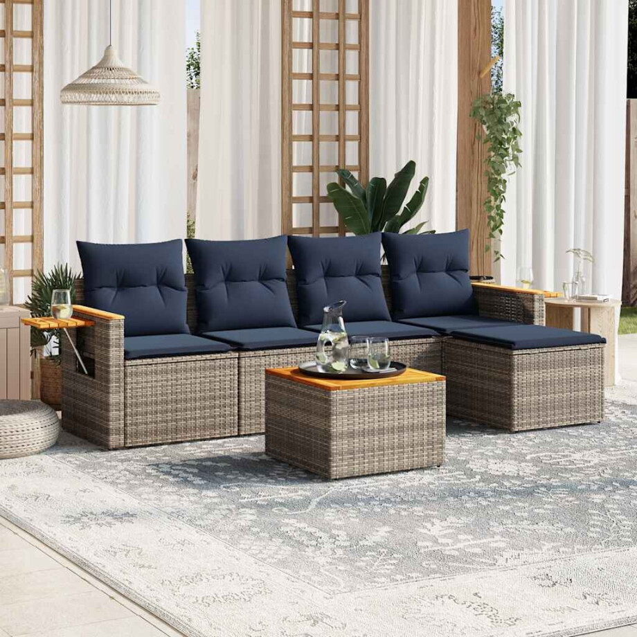 vidaXL 6-delige Loungeset met kussens poly rattan grijs afbeelding 1