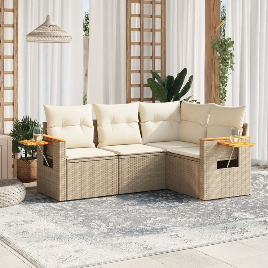 vidaXL 4-delige Loungeset met kussens poly rattan beige afbeelding 1