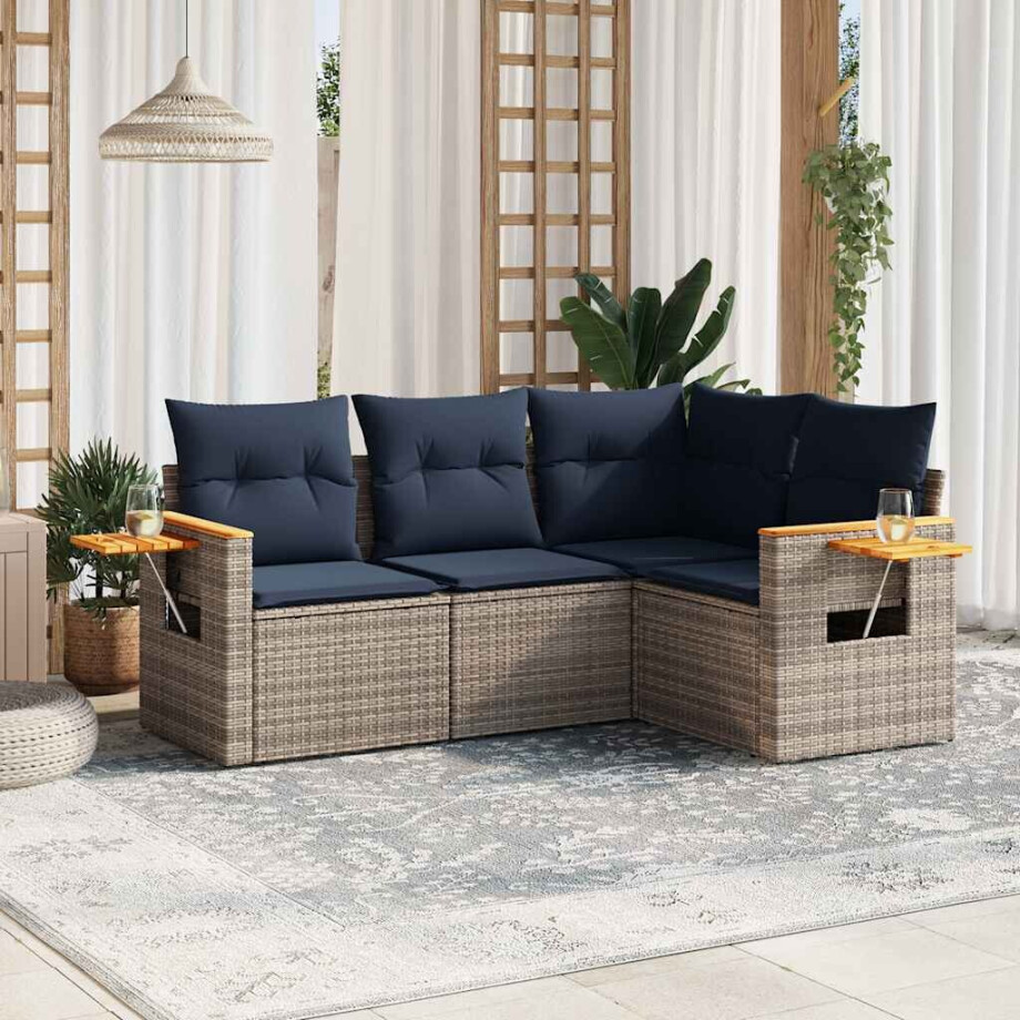vidaXL 4-delige Loungeset met kussens poly rattan grijs vidaXL 4-delige Loungeset met kussens poly rattan grijs afbeelding 1