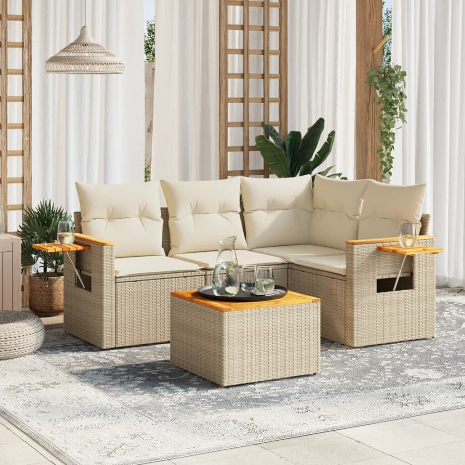 vidaXL 5-delige Loungeset met kussens poly rattan beige afbeelding 1