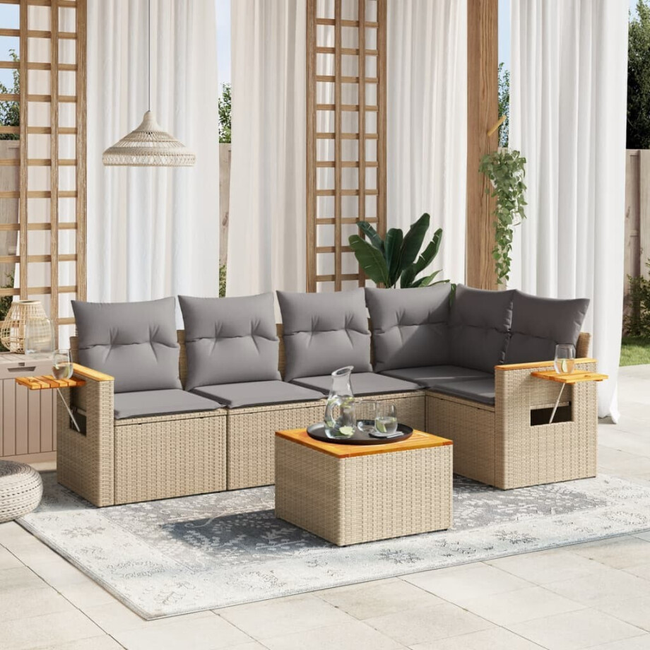 vidaXL 6-delige Loungeset met kussens poly rattan beige afbeelding 1