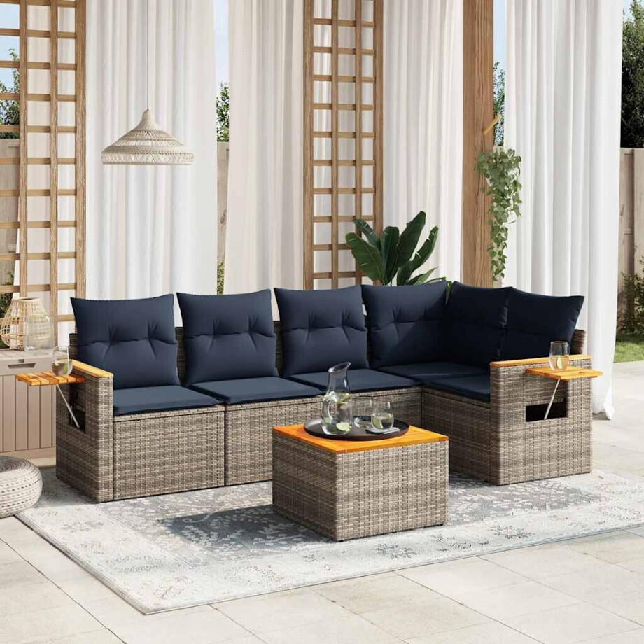 vidaXL 6-delige Loungeset met kussens poly rattan grijs afbeelding 1