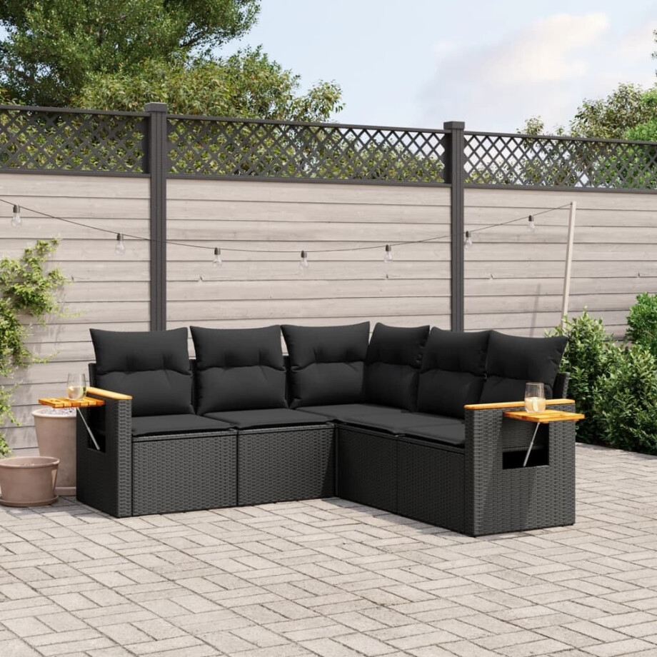 vidaXL 5-delige Loungeset met kussens poly rattan zwart afbeelding 1