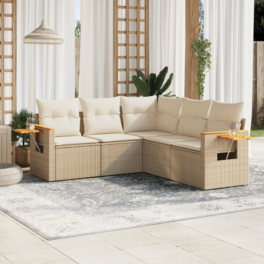 vidaXL 5-delige Loungeset met kussens poly rattan beige afbeelding 1