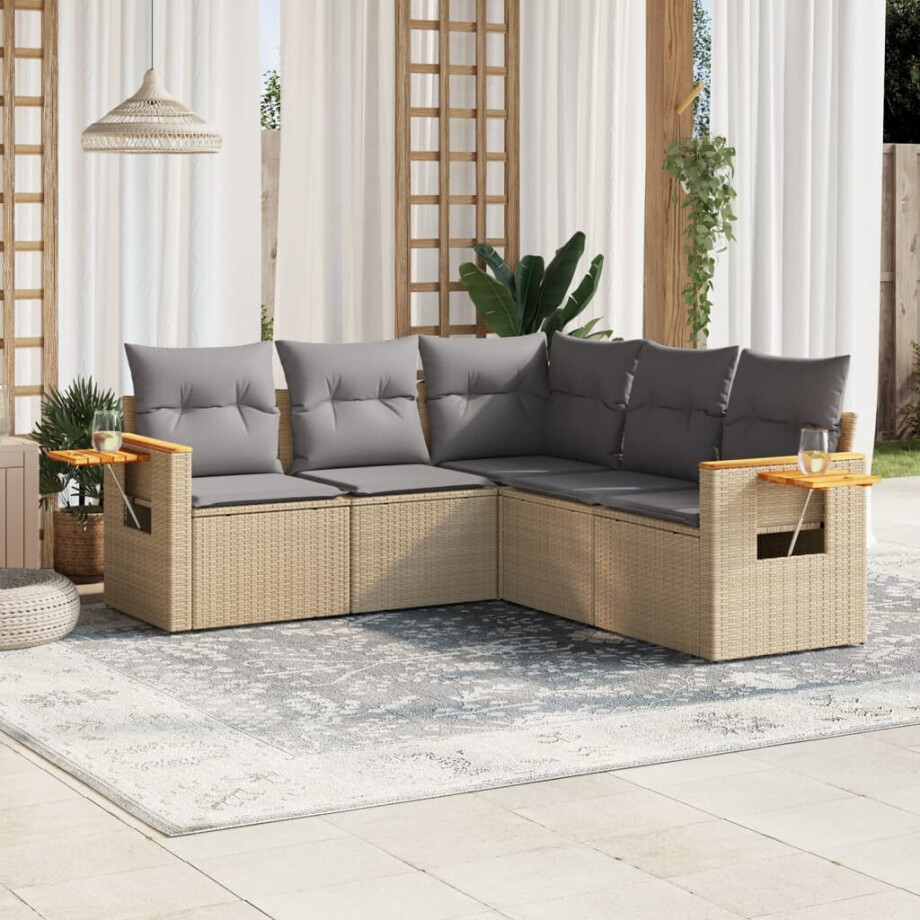 vidaXL 5-delige Loungeset met kussens poly rattan beige afbeelding 1