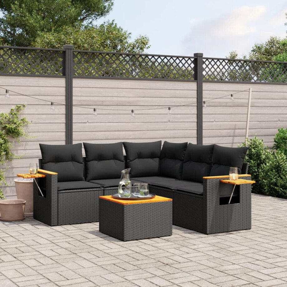 vidaXL 6-delige Loungeset met kussens poly rattan zwart afbeelding 1