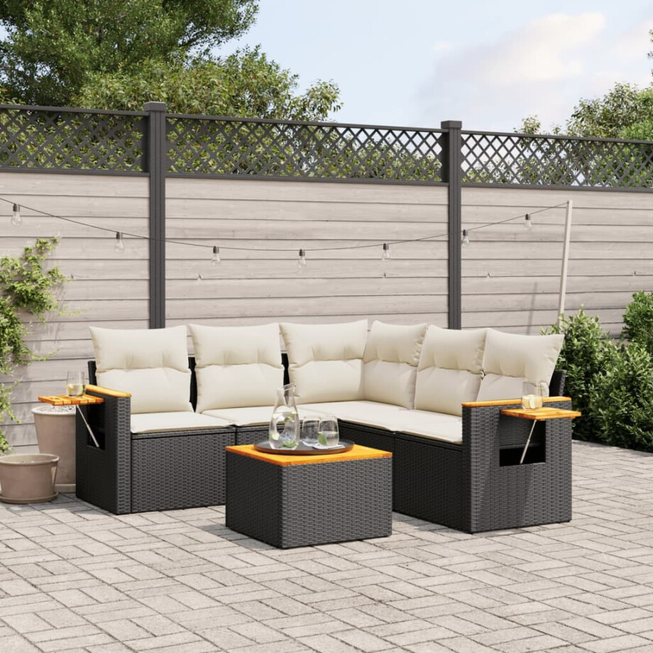 vidaXL 6-delige Loungeset met kussens poly rattan zwart afbeelding 1
