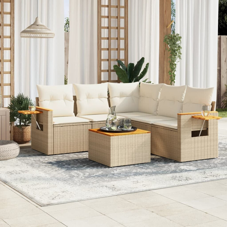 vidaXL 6-delige Loungeset met kussens poly rattan beige afbeelding 1
