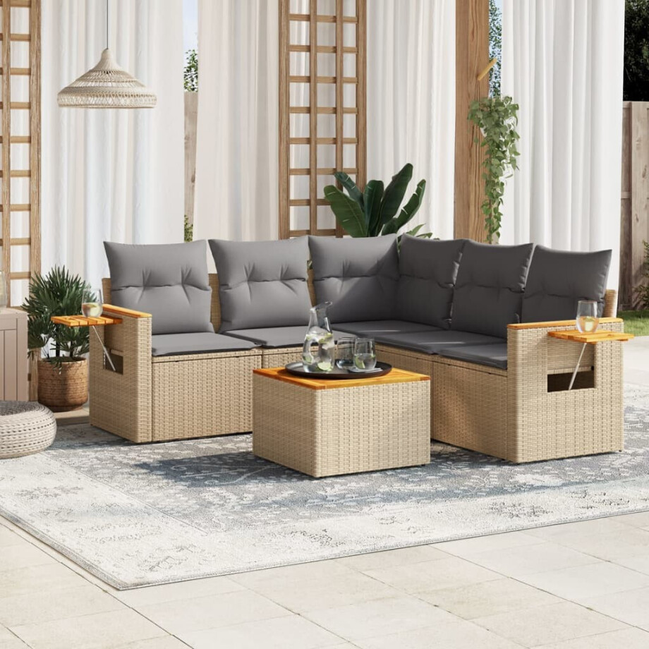 vidaXL 6-delige Loungeset met kussens poly rattan beige afbeelding 1