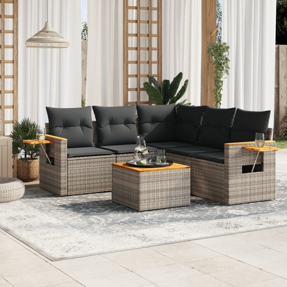 vidaXL 6-delige Loungeset met kussens poly rattan grijs afbeelding 1