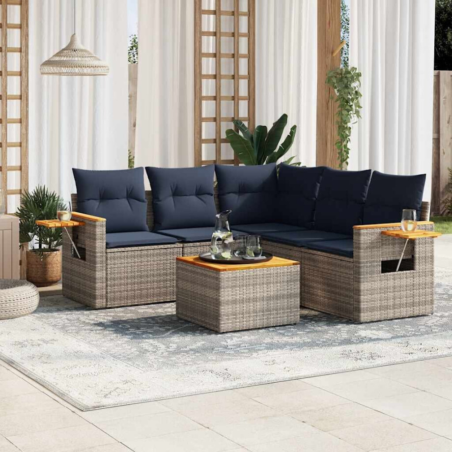 vidaXL 6-delige Loungeset met kussens poly rattan grijs afbeelding 1