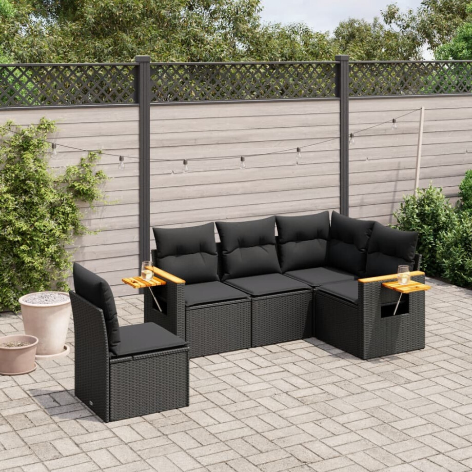 vidaXL 5-delige Loungeset met kussens poly rattan zwart afbeelding 1