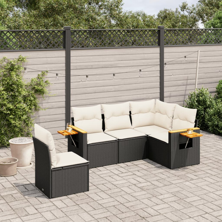 vidaXL 5-delige Loungeset met kussens poly rattan zwart afbeelding 1