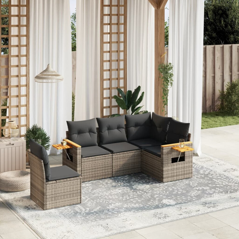 vidaXL 5-delige Loungeset met kussens poly rattan grijs afbeelding 1