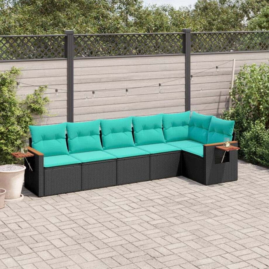 vidaXL 6-delige Loungeset met kussens poly rattan zwart afbeelding 1