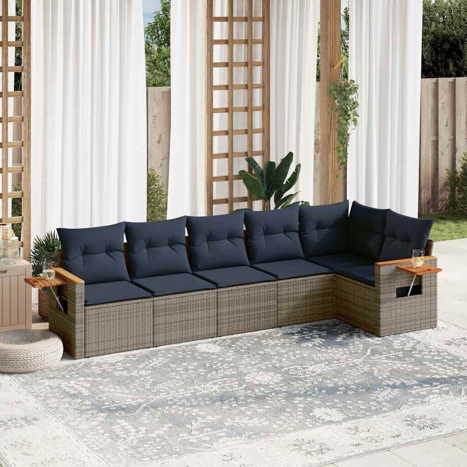 vidaXL 6-delige Loungeset met kussens poly rattan grijs afbeelding 1