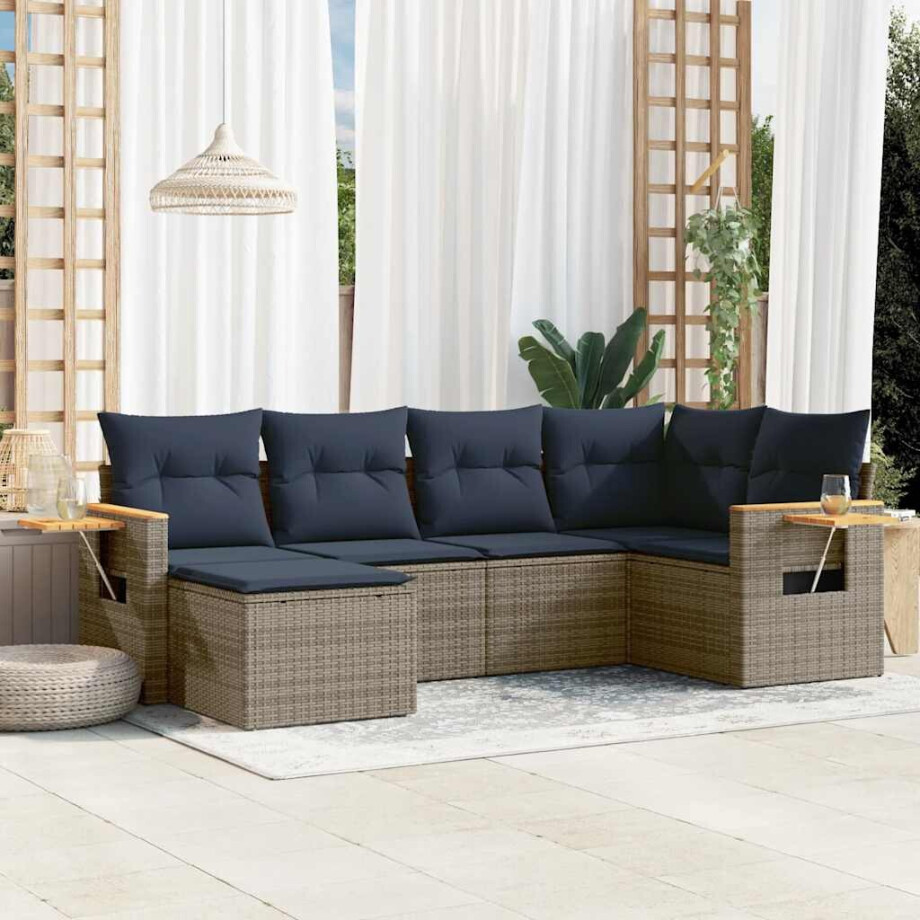 vidaXL 6-delige Loungeset met kussens poly rattan grijs afbeelding 1