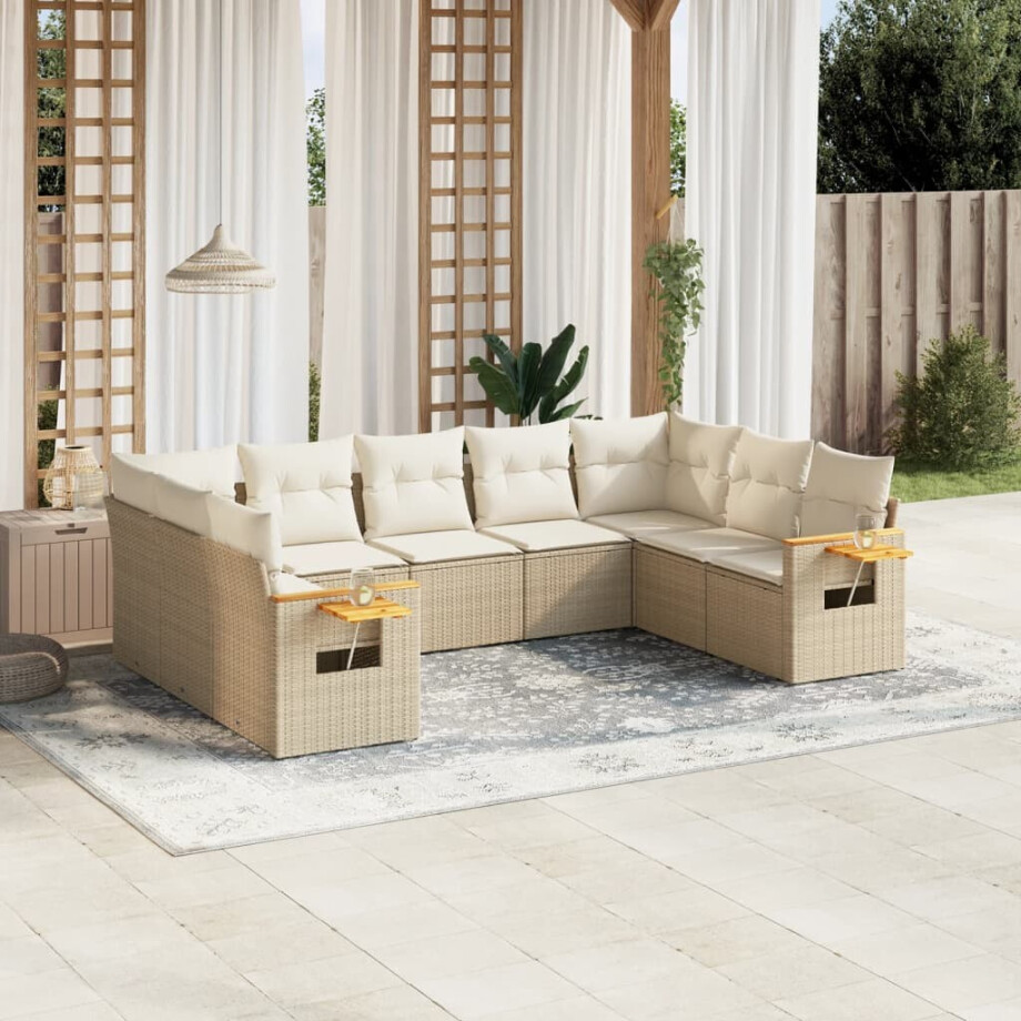 vidaXL 9-delige Loungeset met kussens poly rattan beige afbeelding 1