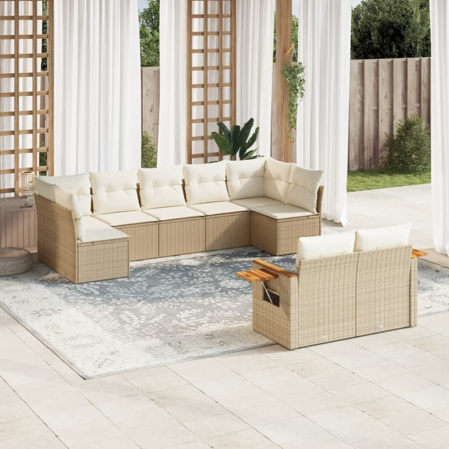 vidaXL 9-delige Loungeset met kussens poly rattan beige afbeelding 1