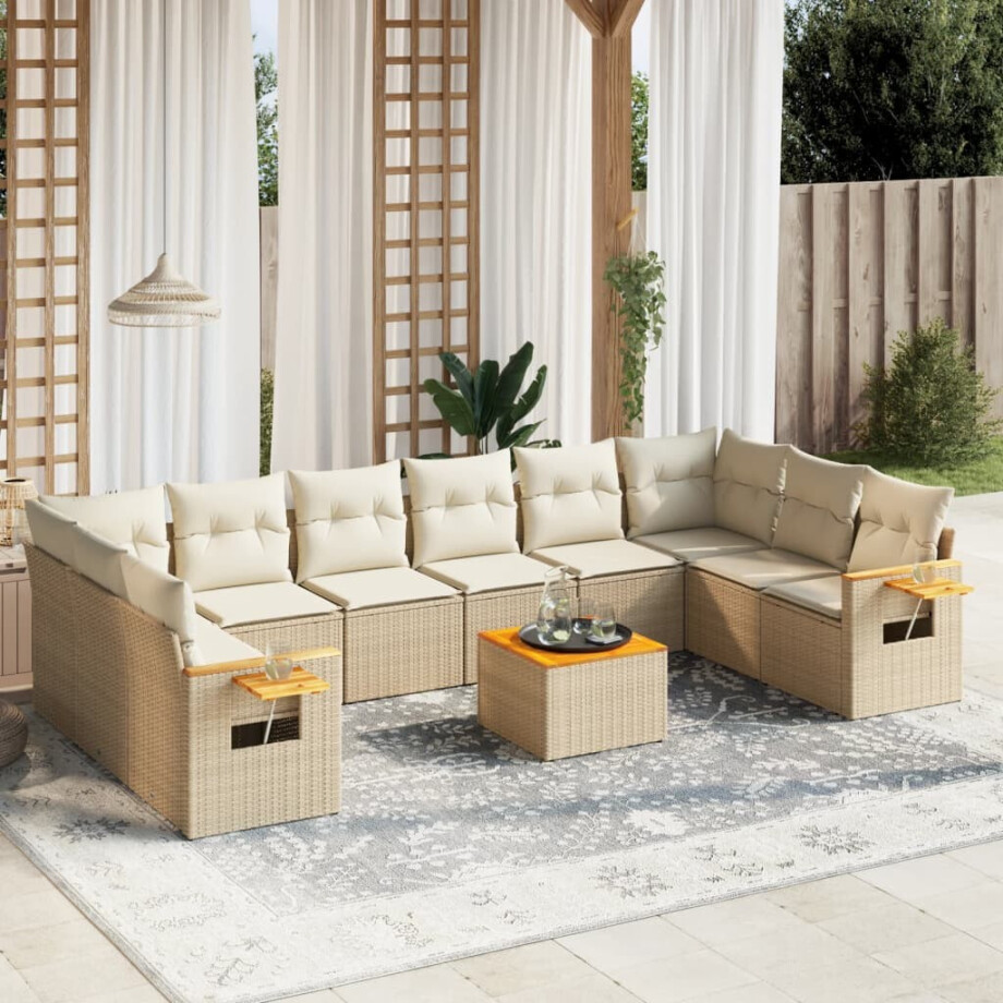 vidaXL 11-delige Tuinset met kussens poly rattan beige afbeelding 1