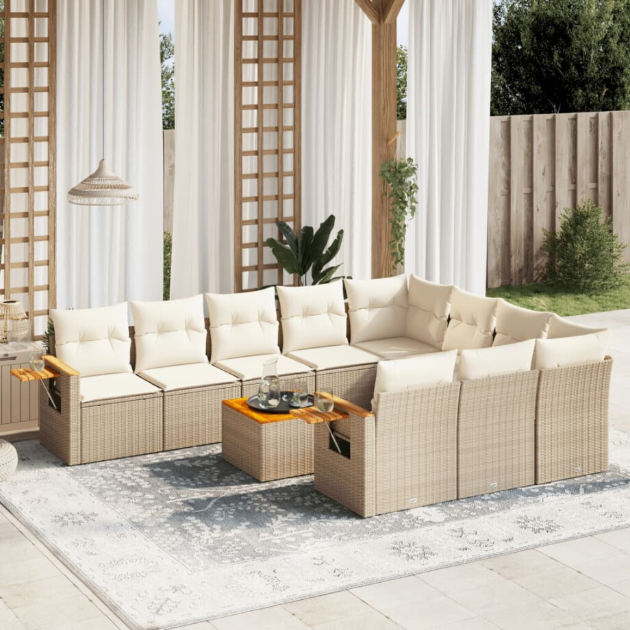 vidaXL 11-delige Tuinset met kussens poly rattan beige afbeelding 1