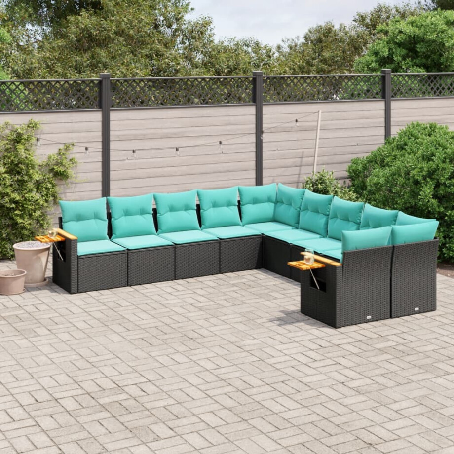 vidaXL 10-delige Loungeset met kussens poly rattan zwart afbeelding 1