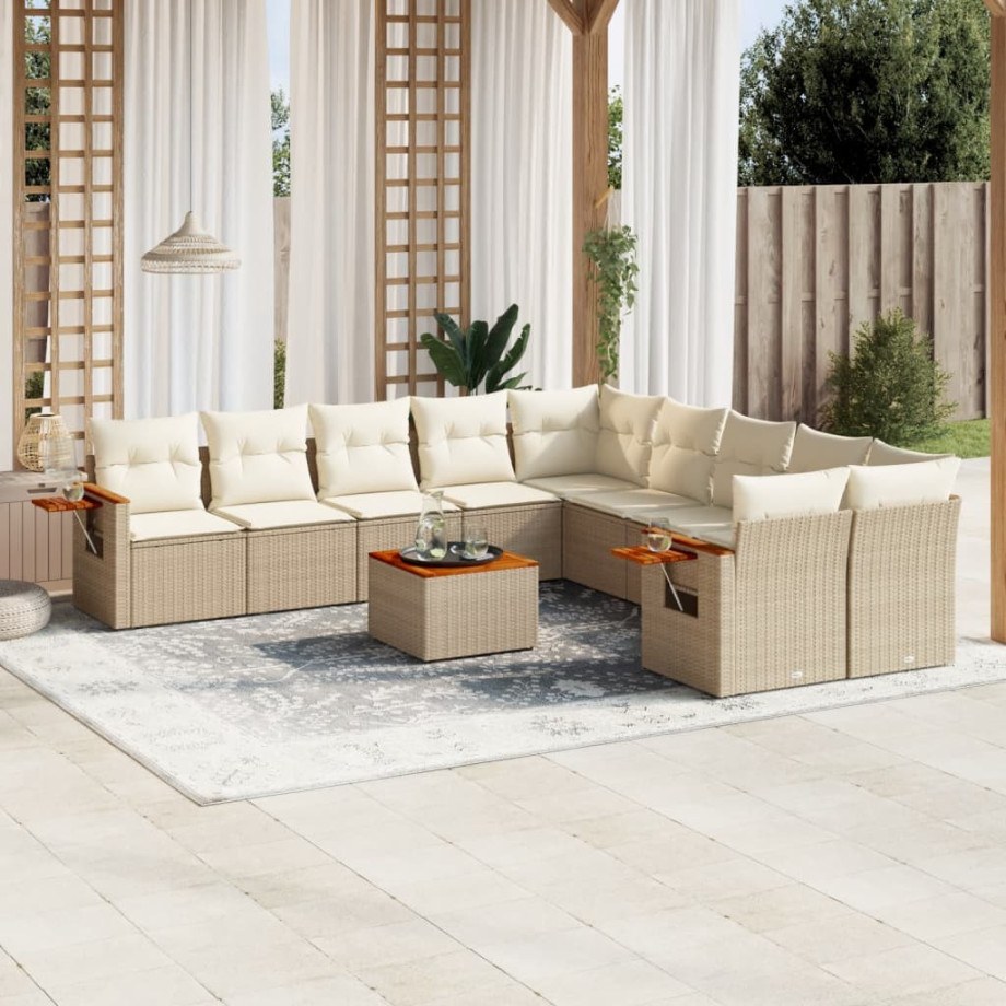 vidaXL 11-delige Tuinset met kussens poly rattan beige afbeelding 1