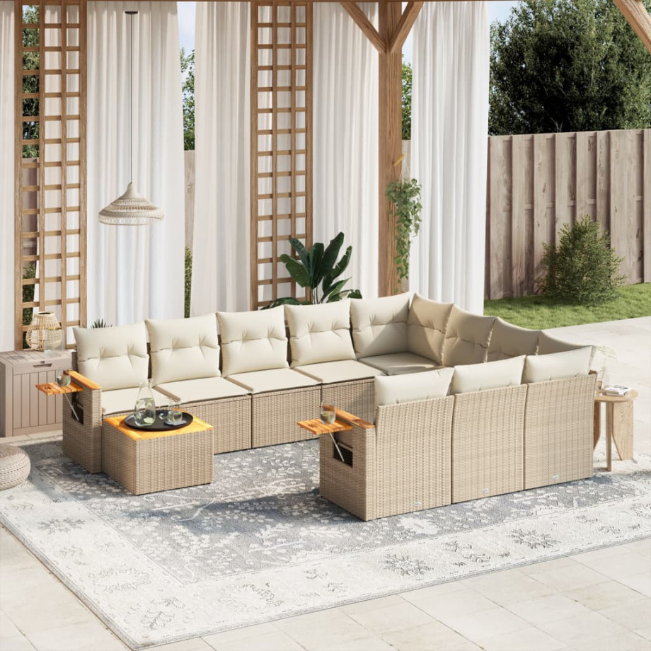 vidaXL 11-delige Tuinset met kussens poly rattan beige afbeelding 1