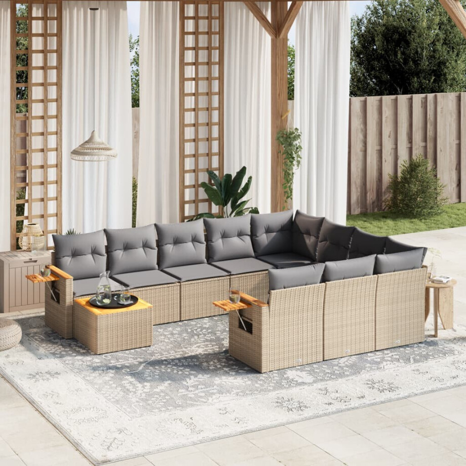 vidaXL 11-delige Tuinset met kussens poly rattan beige vidaXL 11-delige Tuinset met kussens poly rattan beige afbeelding 1