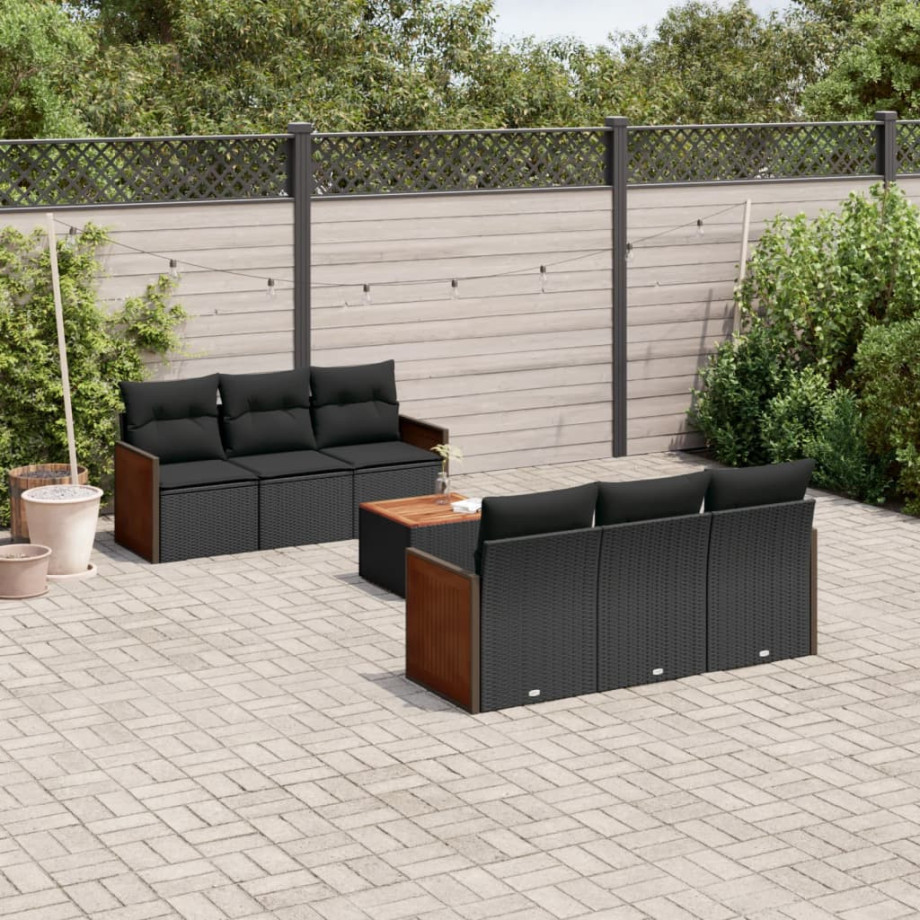 vidaXL 7-delige Loungeset met kussens poly rattan zwart afbeelding 1