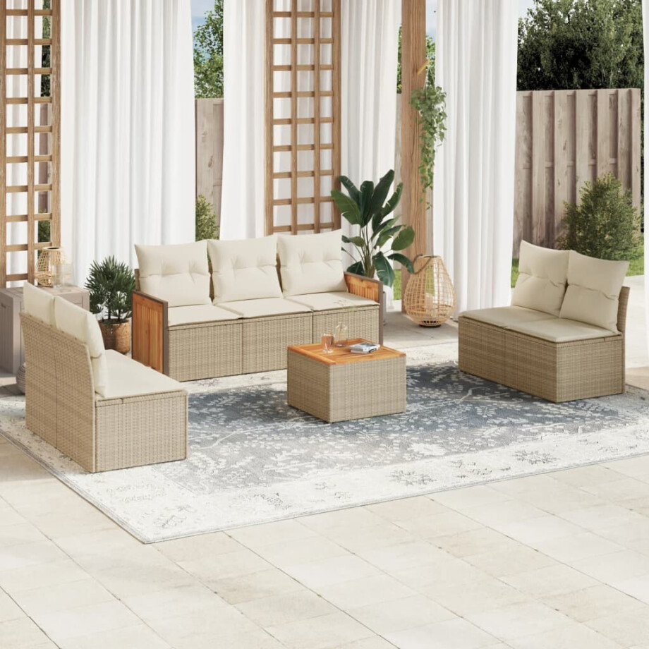 vidaXL 8-delige Loungeset met kussens poly rattan beige afbeelding 1