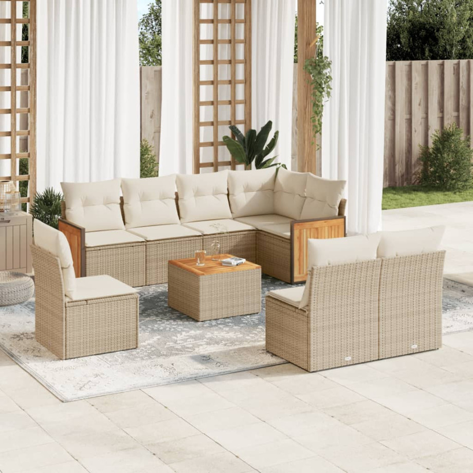 vidaXL 9-delige Loungeset met kussens poly rattan beige afbeelding 1