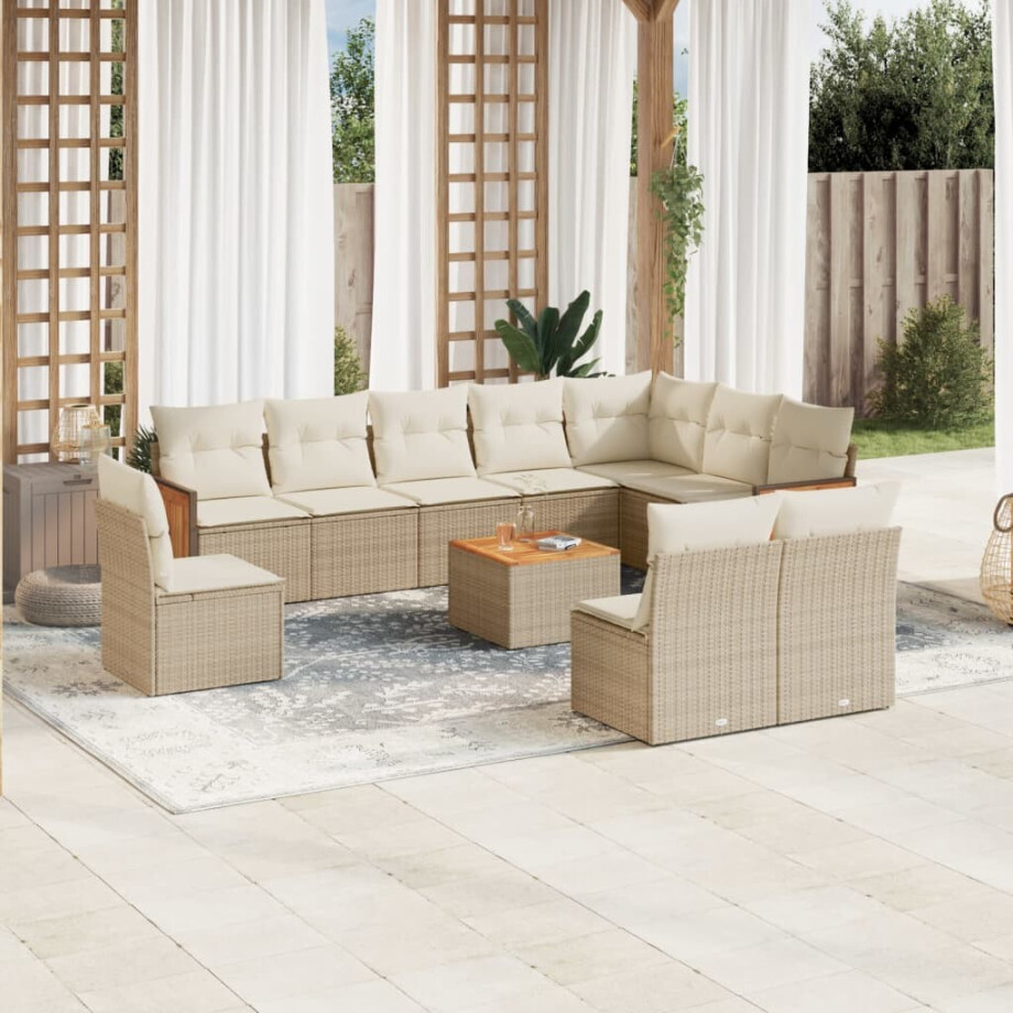 vidaXL 11-delige Tuinset met kussens poly rattan beige afbeelding 1