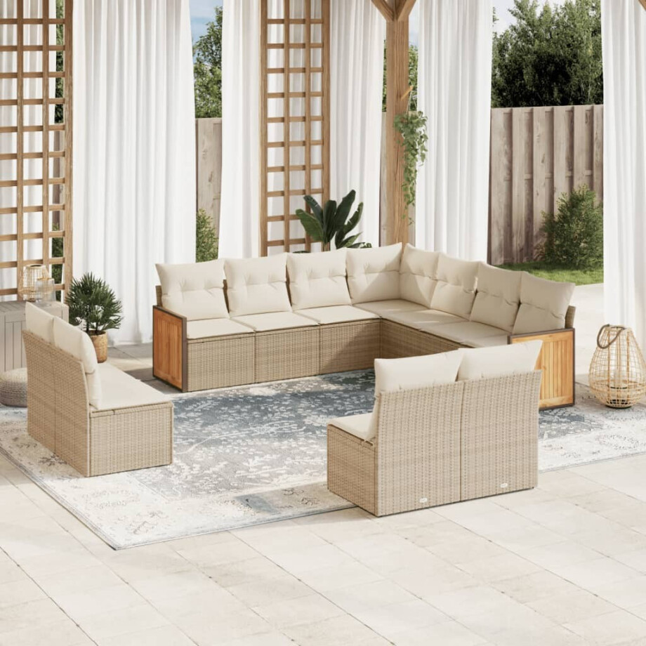 vidaXL 11-delige Tuinset met kussens poly rattan beige afbeelding 1