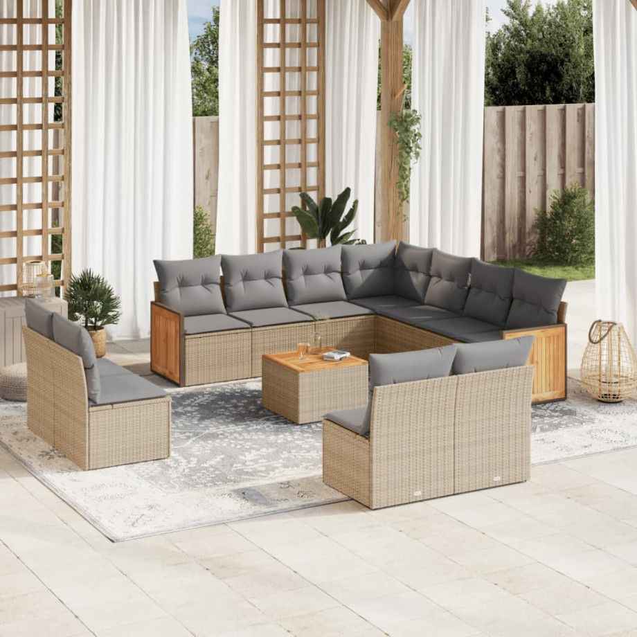 vidaXL 12-delige Loungeset met kussens poly rattan beige afbeelding 1