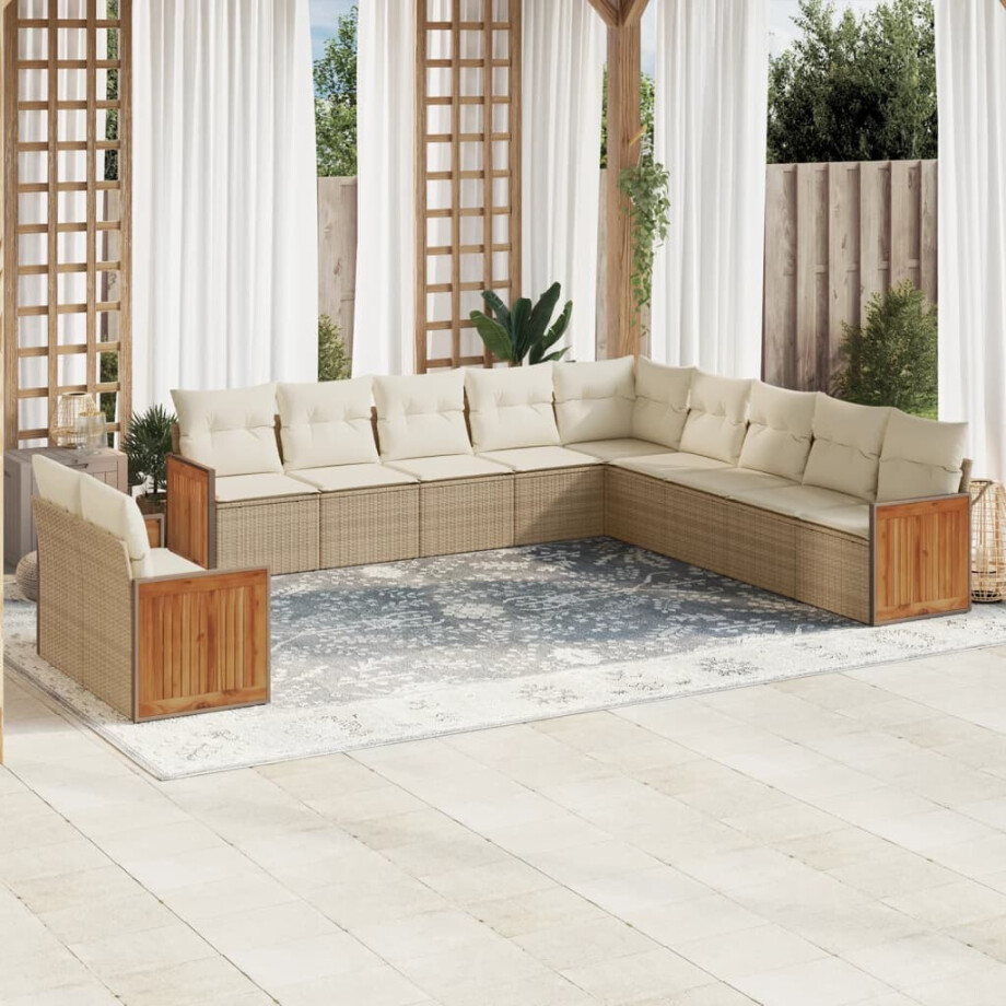 vidaXL 11-delige Tuinset met kussens poly rattan beige afbeelding 1