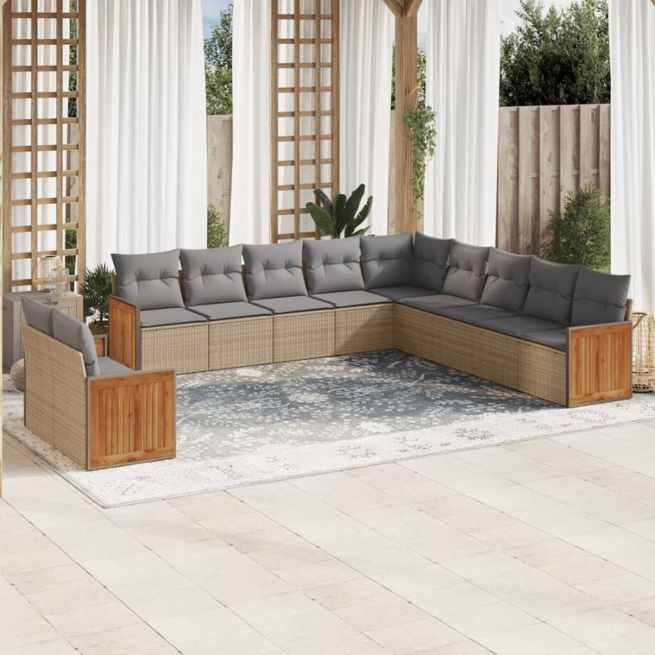 vidaXL 11-delige Tuinset met kussens poly rattan beige afbeelding 1