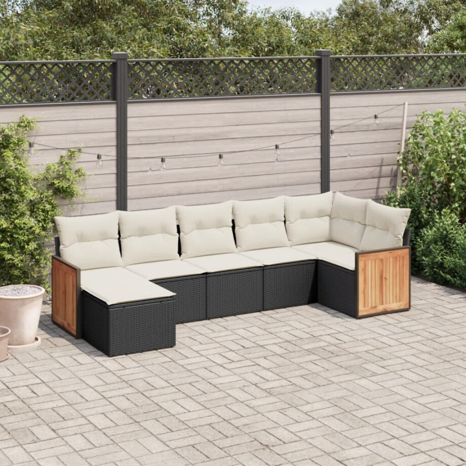 vidaXL 7-delige Loungeset met kussens poly rattan zwart afbeelding 1
