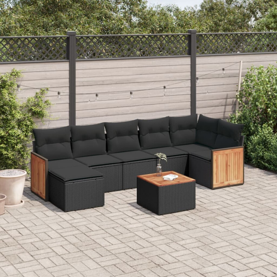 vidaXL 8-delige Loungeset met kussens poly rattan zwart afbeelding 1