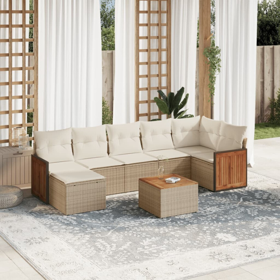 vidaXL 8-delige Loungeset met kussens poly rattan beige afbeelding 1