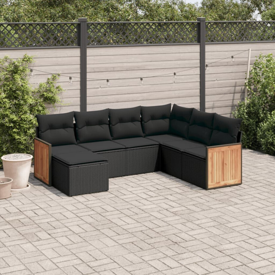 vidaXL 7-delige Loungeset met kussens poly rattan zwart afbeelding 1