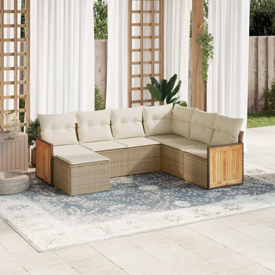 vidaXL 7-delige Loungeset met kussens poly rattan beige vidaXL 7-delige Loungeset met kussens poly rattan beige afbeelding 1