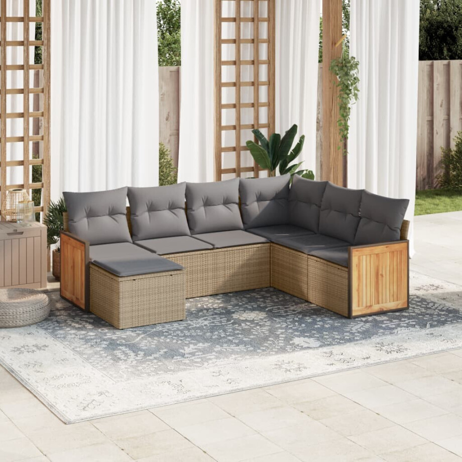vidaXL 7-delige Loungeset met kussens poly rattan beige vidaXL 7-delige Loungeset met kussens poly rattan beige afbeelding 1