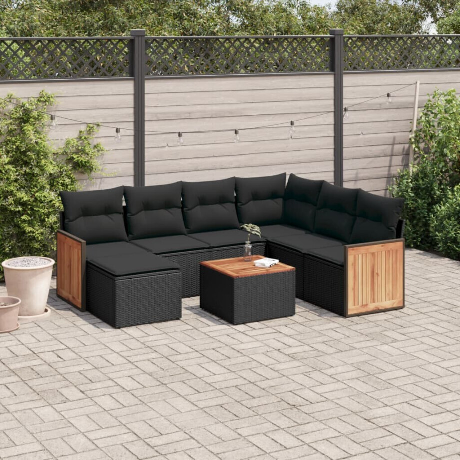 vidaXL 8-delige Loungeset met kussens poly rattan zwart afbeelding 1
