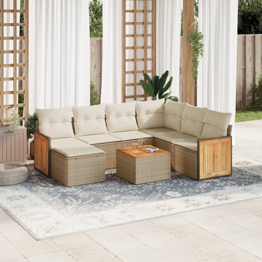 vidaXL 8-delige Loungeset met kussens poly rattan beige afbeelding 1