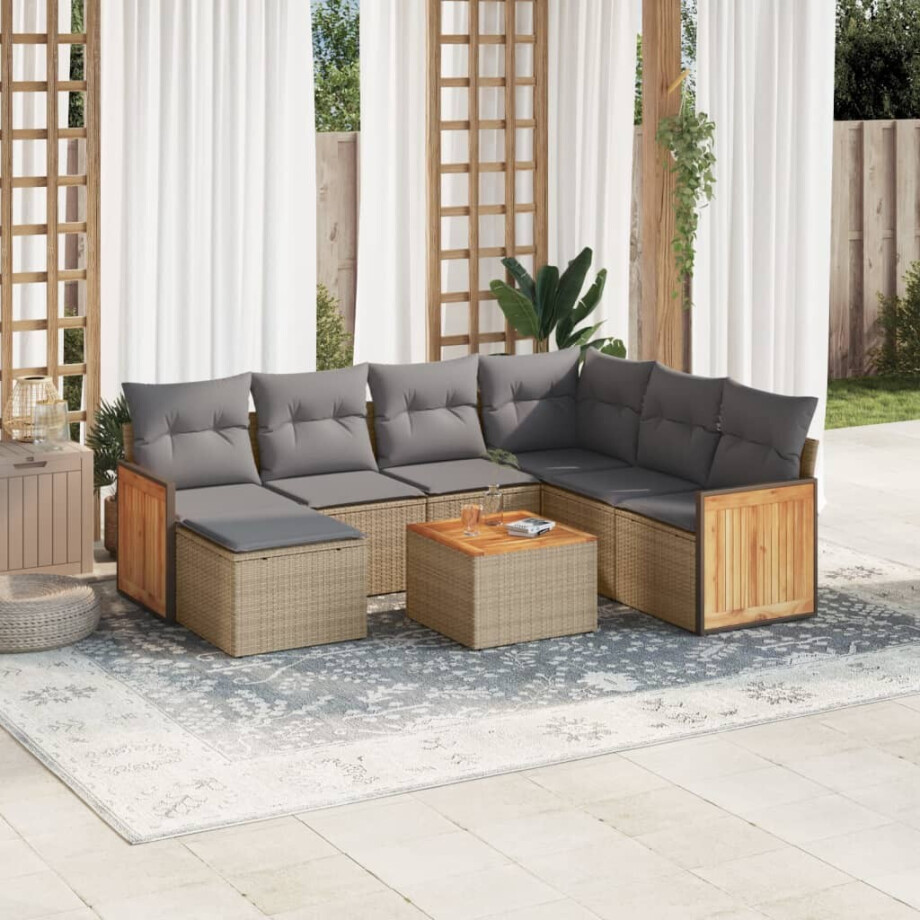 vidaXL 8-delige Loungeset met kussens poly rattan beige afbeelding 1